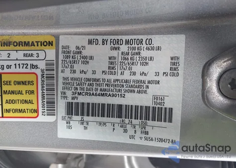 2021 Ford Bronco Sport z USA, uszkodzony, nr VIN 3FMCR9A64MRA90152